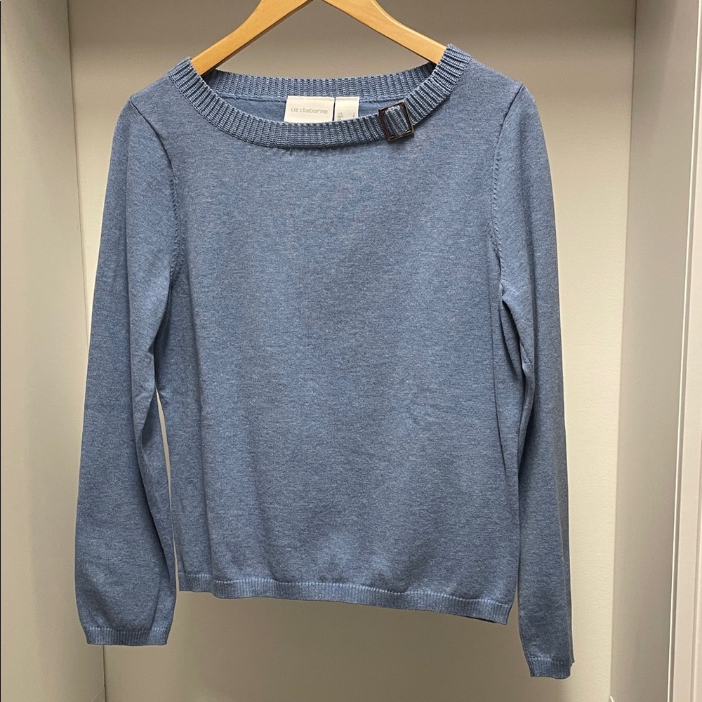 Liz Claiborne Blue Crew Neck Sweater with Buckle Detail